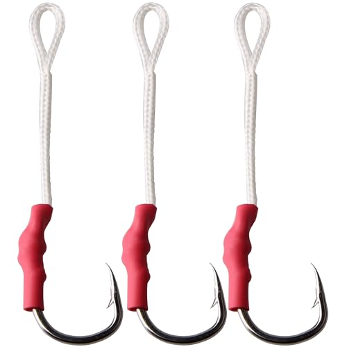 Fishing Assist Hooks with PE Line for Jigging - 30pcs Saltwater Jig Fishing Hooks Jigging Assist Hooks Vertical Butterfly Jig Hooks Slow Pitch Jig Hooks Braid Assist Cords