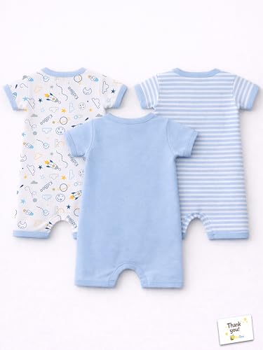 Image of Kidbee Infant Cotton Romper Set Pack of 3, Half Sleeve Front Open Bodysuit Jumpsuit for Baby Boys & Girls, 0-9 Months