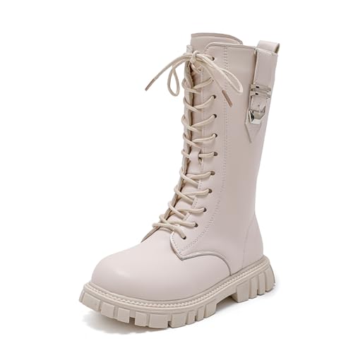 Girls Leather Lace Up Combat Knee High Boots with Side Zipper Fashion Buckle Straps Comfort Round Toe Chunky Heels Riding Boots Non Slip Lug Sole Motorcycle Boots Little Kid/Big Kid