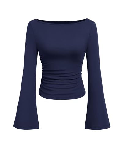 PRETTYGARDEN Women's Long Sleeve Shirts 2025 Fall Crop Going Out Tops Casual Boat Neck Bell Sleeve Ribbed Ruched Y2K Clothes (Navy Blue,Large)