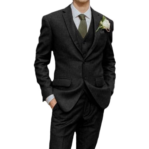 Mens 3 Piece Tweed Suit Herringbone Retro Wool Blend Blazer Vest Tuxedos Set with Pants for Business