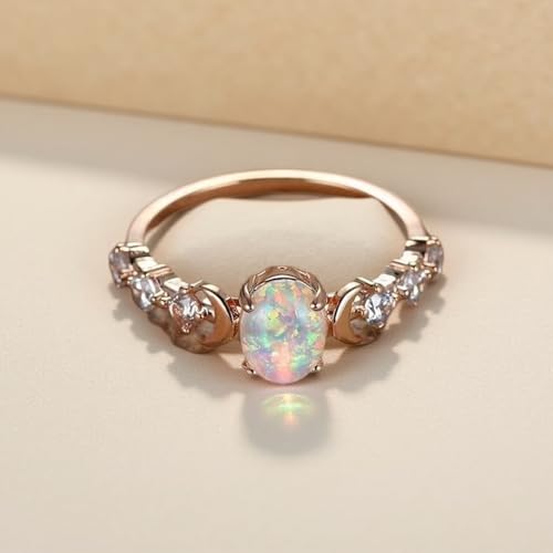 Women’s Vintage Opal Moon Ring, Oval White Fire Opal with Accents, Rose Gold Plated Elegant Four-Prong Setting