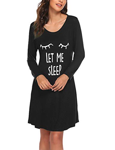 Hotouch Women's Night T Shirt Long Sleeve Night Gown Sleep Shirts Cute Print Nightdress Black XXL