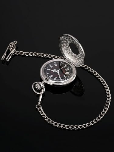 Tazweeq Vintage Steel Pocket Watch for Men with Detachable Chain (Silver), Easy Open Design, Quartz Movement, Adjustable Time Setting, Compact Size, Ideal Gift for Weddings, Cosplay