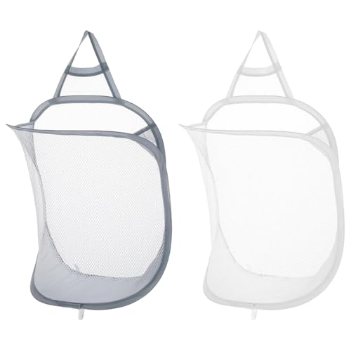 TRKETK 2 Pcs Hanging Laundry Hamper, Mesh Collapsible Small Wall Laundry Baskets Pop Up Laundry Hamper Organizer Dirty Clothes Mesh Bag Portable Laundry Bin for Home Hotel Travel Camping (White+Gray)