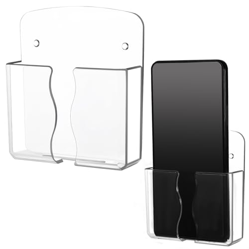 Psyqtsuary 2Pcs Phone Holder Wall Mounted, Universal Compatible Smartphone Stand, Transparent Acrylic, Self Adhesive or Nail Mount, Space Saving, Hands-Free Viewing, Reduces Radiation Exposure