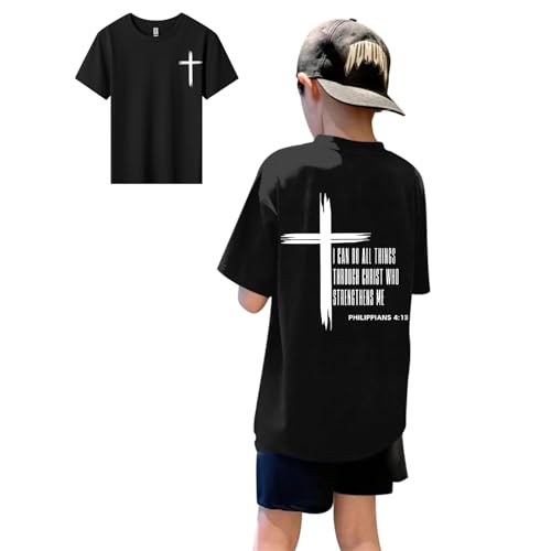 KEEVICI Boys Christian Graphic Tees God Jesus Shirts for Kids Cross Faith Bible Verse Inspirational Religious Cotton T Shirt(Black 150)