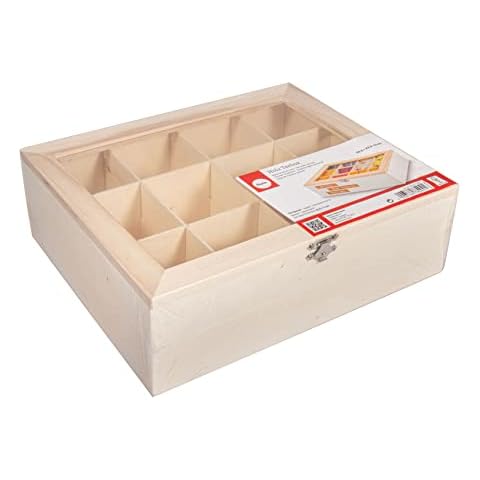 Rayher 62972505 Tea Storage Box with 12 Compartments, Wooden Tea Chest with Lid, Natural Wood, 28.5 x 23.5 x 7 cm Cover
