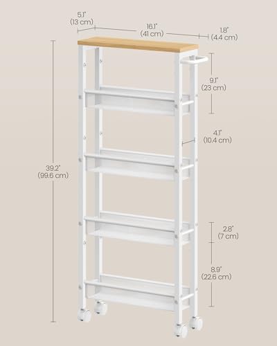 Image of VASAGLE Slim Rolling Cart, 5-Tier Storage Cart, Narrow Cart with Handle, 5.1 Inches Deep, Metal Frame, for Kitchen, Dining Room, Living Room, Home Office, Oak Beige and Classic White ULRC034W09