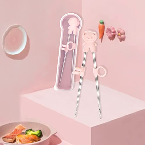 Tokerut 2 Pairs Training Chopsticks Learning Chopstick Helper Reusable Stainless Steel For Beginner Chopsticks Pink & Blue thumb #1