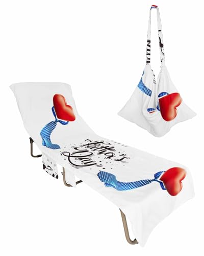 Happy Father's Day Beach Lounge Chair Towel Cover, Soft Chaise Lounge Towel with Side Pockets Patio Pool Chairs Cover for Beach/Pool Sunbathing 29x85 Blue Tie Red Love Heart