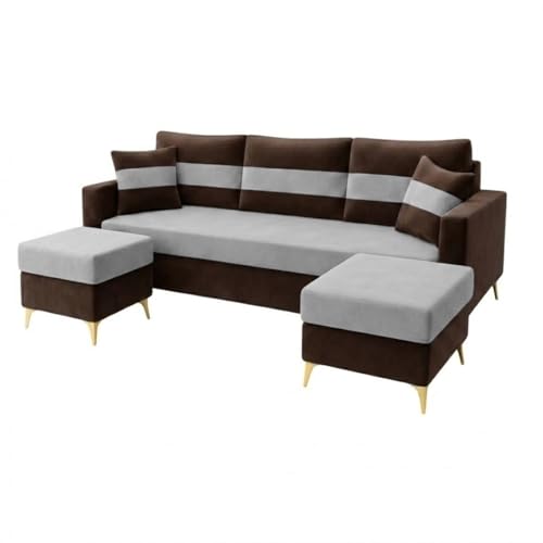 Image of SOCOZI Bastian 5 Seater L Shape Sofa Set with 2 Movable Ottomans | Flexible Layout| Soft Velvet Suede Fabric|Modern Sofa with Golden Legs|Comfort Cushions for Living Room (Dark Brown-Light Grey)