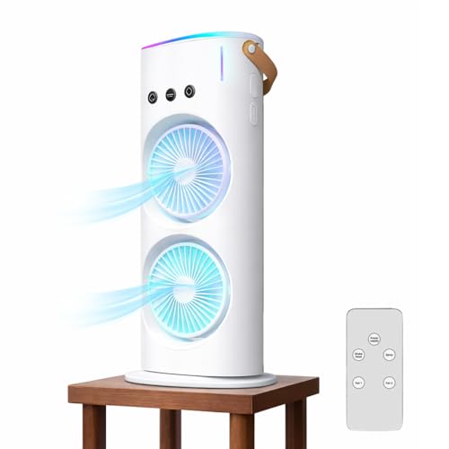 Image of Lambent 𝟏𝟓-𝐘𝐞𝐚𝐫 𝐋𝐨𝐧𝐠-𝐋𝐢𝐟𝐞 𝐖𝐚𝐫𝐫𝐚𝐧𝐭𝐲 Rechargeable Mini Tower Fan with Remote, Mini Desktop Cooling Fan, Double Head Airflow Mist Spray Desk Fan, Personal Table Fan Office Desk Fan
