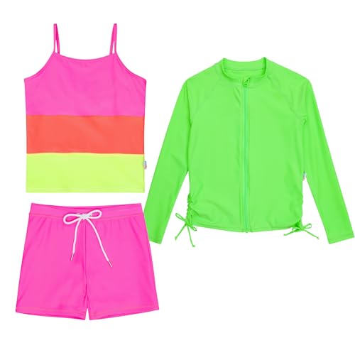 Image of SwimZip Girls' 3 Pc Swim Set w /Long Sleeve Rash Guard, Tankini & Shorts UPF 50+