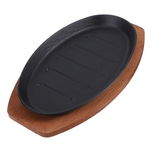 Toyvian Plato de Hierro Fundido para Bistec Base de Madera Plancha de Parrilla Rayada para Sellar Jugos Control de Calor Preciso para Barbacoa y Restaurante