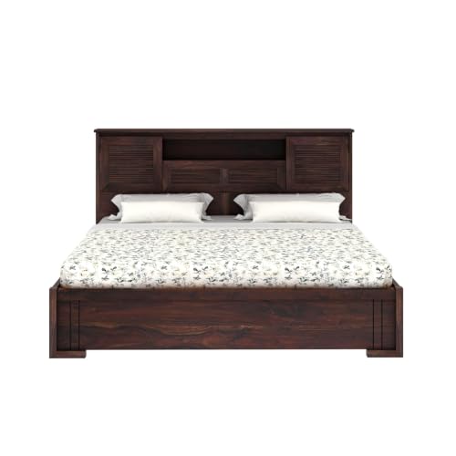 Image of Ganpati Arts Maharaja Groove Solid Sheesham Wood Queen Size Bed with Box & Headboard Storage | Wooden Double Bed Cot Palang for Bedroom, Living Room & Home (Walnut Finish)