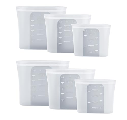 Fynster Platinum Silicone Reusable Food Storage Bags [6 Pack] Eco-Friendly Freezer & Sandwich Bags for Sous Vide Batch Cooking & Meal Prep Leakproof BPA Free (500ml 1000ml 1500ml)