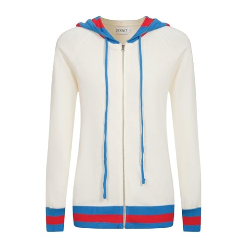 Women's Cardigan Sweaters Full Zip Casual White Cardigan Blue Red Stripe Hooded Sweaters