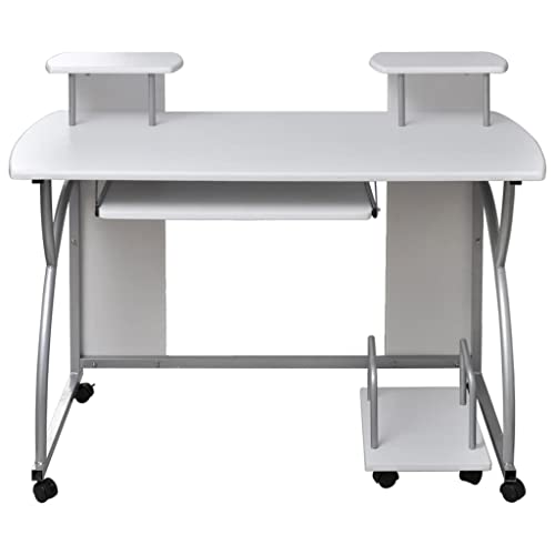 Teenpull Bureau d'ordinateur Blanc en Bois d'ingénierie 110x52x88,5 cm avec étagères et Plateau Coulissant pour Clavier, Bureau Gaming Mobile avec Roues...