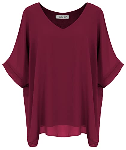 Van Der Rich ® - Blouse Ample en Voile Mousseline Col V Doublé Intérieur - Femme (Bordeaux, XL-XXL)