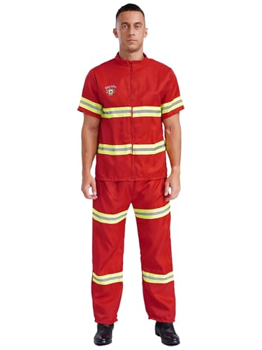 Oyolan Men's Adult Firefighter Costume Fireman Safety Workwear Uniform Jumpsuit Dress Up Party Red Small