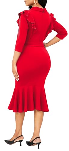 Image of SxClub Elegant Dress for Women Sexy 3 /4 Sleeve Business Knee Length Dresses Fishtail Zipper Belt