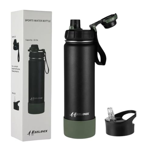 FAZLANIX 650ml/22oz Stainless Steel Water Bottle with Sports & Straw Lids Insulated Double Walled Metal Flask Leakproof Silicon Base Keep Drinks Hot Cold for Sports Gym Bike Camping Adult Men Women