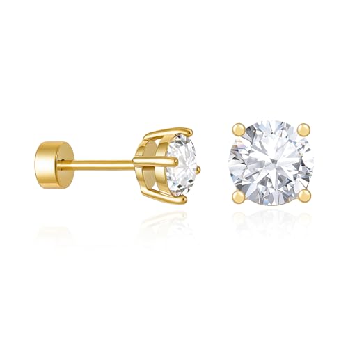 Cicy Bell ���f�B�[�X �t���b�g�o�b�N�X�^�b�h�C�������O 18K�S�[���h���b�L ��h���� 316L G23 �T�[�W�J���`�^���X�`�[�� CZ �X�^�b�h�W���G���[ �g���K�X�w���b�N�X��R���N�s�A�X 20G�p, Free Size, �^�J, �L���[�r�b