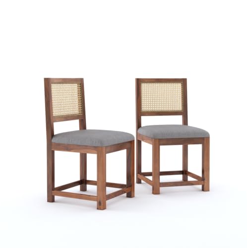 Image of Wooden 2 Chair for Living Room & Dining | Solid Wood Frame with Cane Backrest | Cushioned Seat | Modern Accent Chairs for Home & Office (Set of 2, Honey)