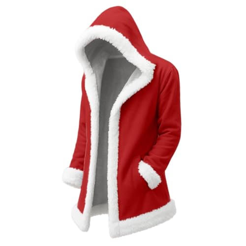 Weihnachtsmann Kostüm Herren, Weihnachtskostüm Herren Hoodie Fleece Lustig Oversize Weihnachtsjacke Cardigan Festliches Party Mantel Jacket Kapuzenmantel (001-Red, S)