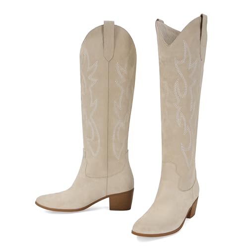 Image of STALOV Cowboy Boots for Women Pull On Chunky Heel Boots Knee High Cowgirl Boots Western Pointed Toe Boots Embroidered Suede Boots