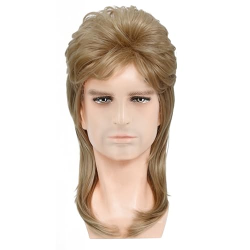 CATMEYE Mens Blonde Mullet Wig Retro Long Curly Rocker Style Synthetic Wig One Size Adjustable Fit Ideal for 70s/80s Theme Parties Carnival & Cosplay (Dark gold)