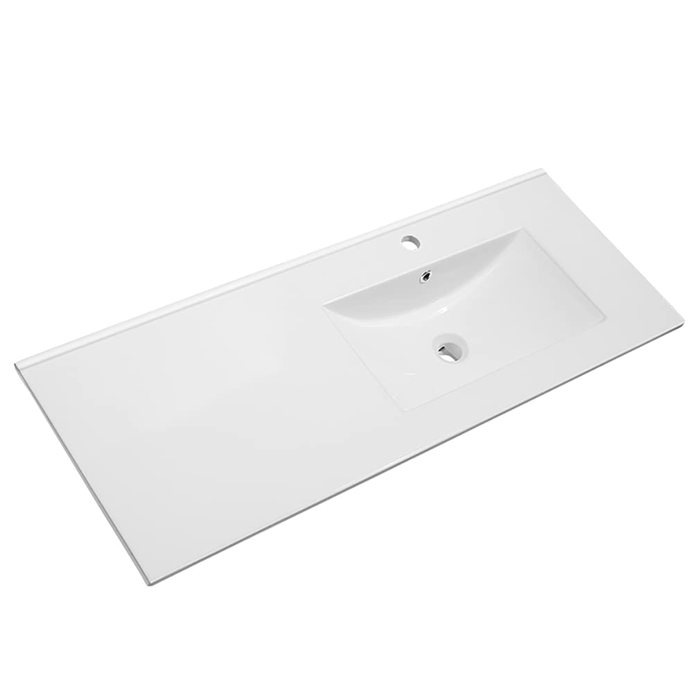 Ceramiczny zlew na blacie, miska z prawej strony, 121 x 46 cm, pasuje do umywalki łazienkowej 120 x 45 cm, w zestawie otwór przelewowy i kran