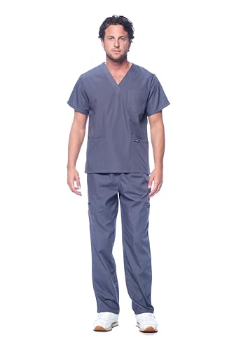 Dagacci Scrubs for Men Set - V-Neck Scrub Top and Cargo Pants - 8 Pockets Men Scrubs Set (Large, Pewter Gray)