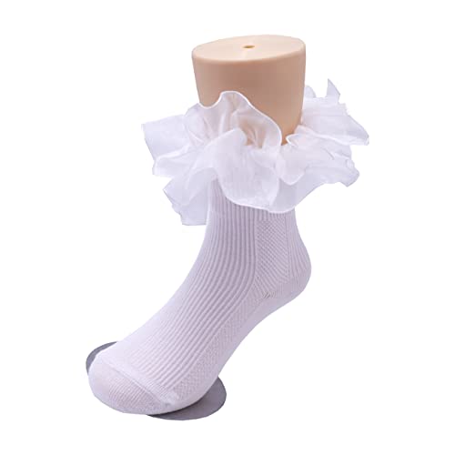 Toddler Little Girls Turn Cuff Two-Layer Big Lace Socks Frilly Cotton Ankle Dress Socks Big Girl 1-7 Years2