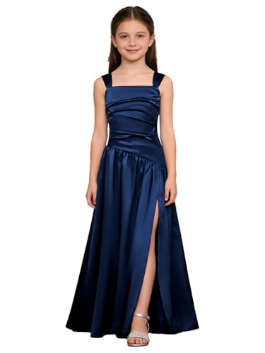 Riismen Robe Demoiselle Dhonneur pour Adolescentes en Satin Fendu avec Col Carré Et Plis Robes Mariage Formelles pour Mädchen Fleuriste Bleu Marine 11-12 Ans