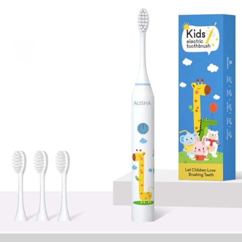 Image of Ausha Giraffe Kids Electric Toothbrush with 3 Extra Heads with Soft DuPont Bristles, Rechargeable, Cartoon Design, Smart Timer, 5 Modes,Waterproof Tooth Brush for Children (Ages 3-12)