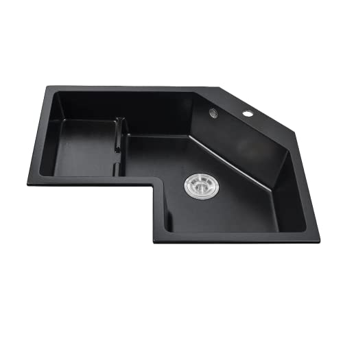 LOVEDIMA 32" Black Drop In Corner Kitchen Sink,Single Bowl Quartz Irregular Left Sink with Drain Pipe and Overflow