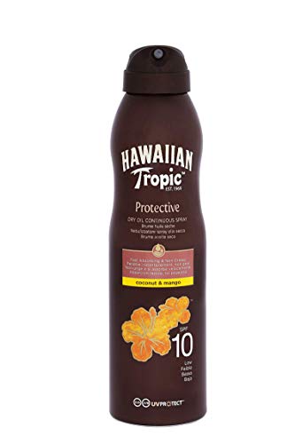 HAWAIIAN Tropic Protective Dry Oil Continous Spray - Aceite Seco Bronceador En Bruma Spray Con Protección Baja Spf 10, Fragancia Coco Y Mango, Marrón, Vanilla, 180 Mililitro