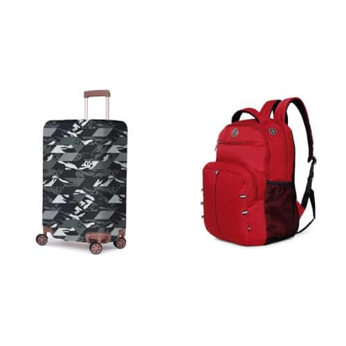 Image of ACEPACK Polyester Fabric Stretchable & Washable Protective Luggage Cover Universal Medium Check + Global 25.91 Liters Water Repellant 17.32 inch Laptop Backpack with Rain Cover for Casual,