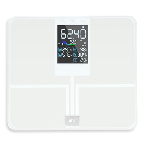ADE Bascula de baño con pantalle grande a color | bascula grasa corporal y muscular | peso baño | balanza peso corporal hasta 200 kg | 8 posiciones de memoria y reconocimiento de usuario | blanco