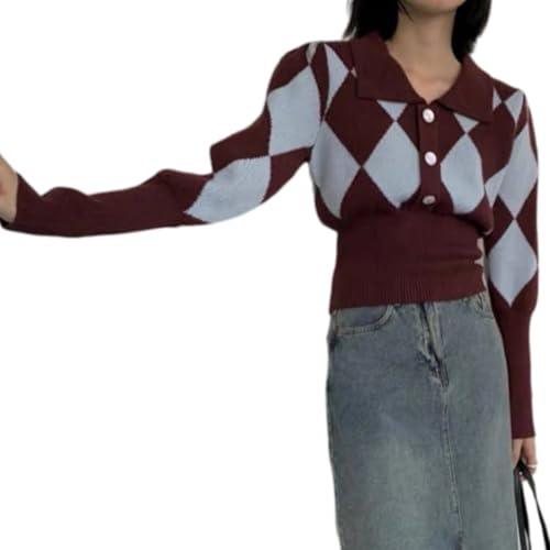 Women's Short French Vintage Argyle Color Block Waist Cinched Collared Knit Cardigan - Red/Black, S-XL