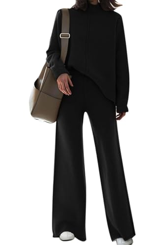 La Mejor Selección de Punto para Mujer Top 5. 43 CIUBOUWENLING Conjunto de 2 Piezas para Mujer de Manga Larga, Suéter de Punto y Pantalones de Pierna Ancha (Negro, Chico)