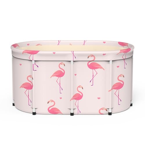Fiegcit ポータブルバスタブ 折りたたみ式 浴槽 お風呂 たらい 大人バースバレル 簡易浴槽 子供/大人用 (80*56*52cm,フラミンゴ)