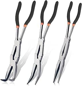 13-inch Long Reach Needle Nose Pliers Set, 3-Piece Double Jointed Pliers with Straight, 45 & 90 Degree Bent Tips for Narrow Spaces