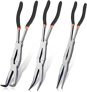 13-inch Long Reach Needle Nose Pliers Set, 3-Piece Double Jointed Pliers with Straight, 45 & 90 Degree Bent Tips for Narrow Spaces