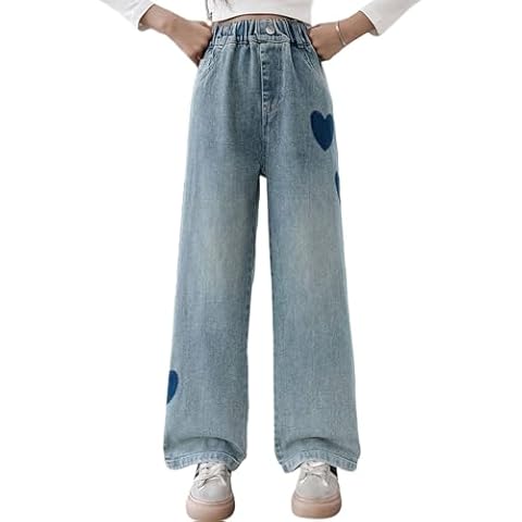 Milokado Big Girls Kids Jeans Casual Elastic Waist Wide Leg Demin Pants Size 5-13 Years (Blue (H), 10-11 Years) Cover
