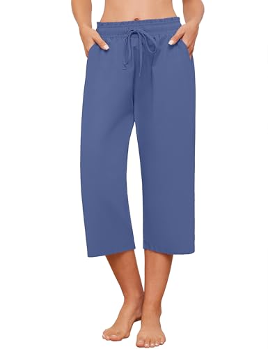 Womens Capri Pants Loose Wide Leg Drawstring Elastic Waist Casual Lounge Cropped Pants with Pockets2