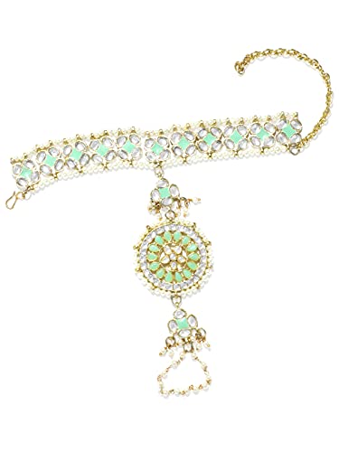 Image of Karatcart Gold Plated Baby Pink Pearl Chain Kundan Hathphool