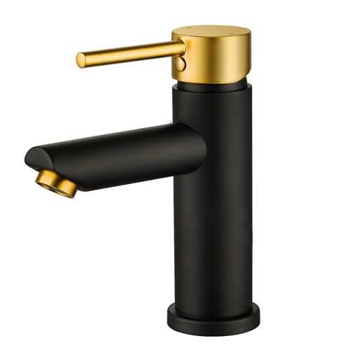 Peppermint Black Basin Mixer Tap Bathroom Sink Tap with Brushed Gold Lever, Modern Basin Taps Stainless Steel Mono Single Lever Bathroom Taps with Hot and Cold Hoses